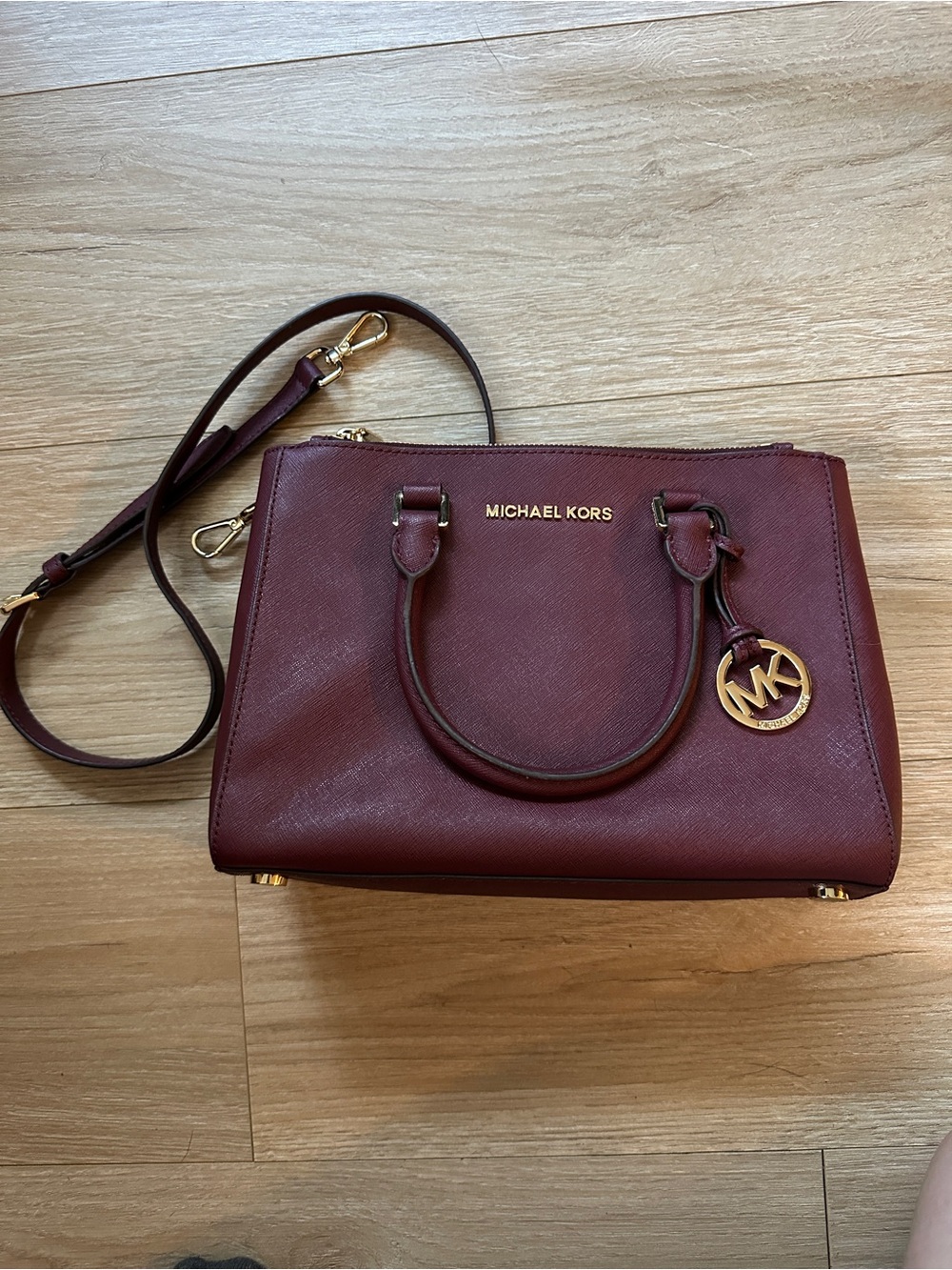 Michael Kors Burgundy Sutton Saffiano Leather Satchel with Gold accents